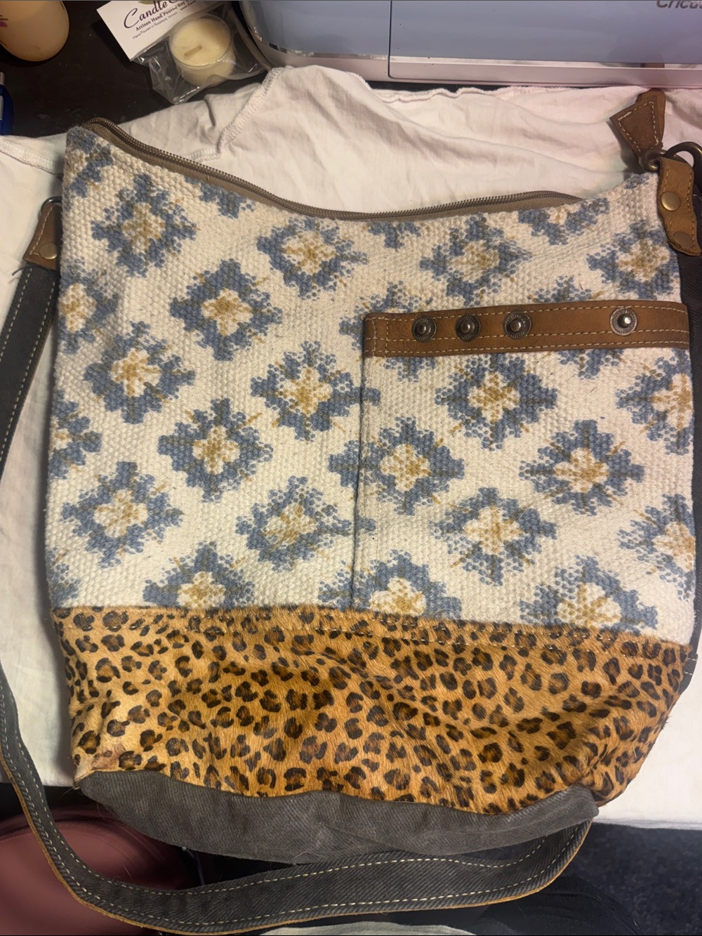 Myra Bag Blue, Tan & Leopard-Accent Shoulder Bag
